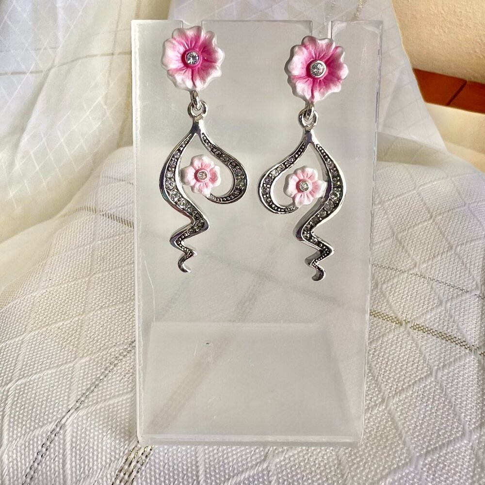 Art Nouveau Pink Floral Earrings with Swarovski Crystals by Uno Alla Volta